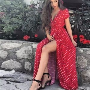 Elegant Red Polka Dot Maxi Dress